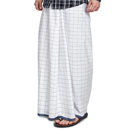 Image of Pure Cotton Lungi for Men, Premium Ethnicwear for Men | Blue Checkered Lungi | Hem Stitched Premium Single Dhoti | 100% Cotton Mundu (1.90 x 1.28 Meters)
