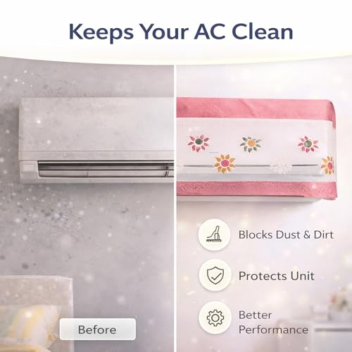 Image of Cotton Net Split AC Cover Indoor Unit for 1.5 Ton Capacity AC, Premium Work Indoor AC Dust Protection Cover Designer Summer Ac Cover for 1.5 Ton Ac (38 X 15.35 X 7.8 inch, Pink Flower)