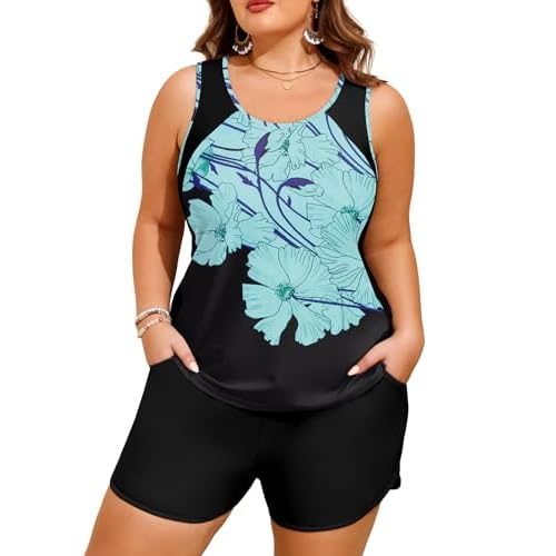 HUSKARY Plus Size Two Piece Tankini Swimsuit for Women 2026 Tummy Control Full Coverage Bathing Suits with Swim Shorts Pocket 16 Plus Flower06
