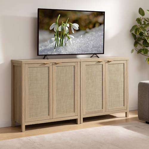 Image of SICOTAS Rattan Sideboard Buffet Cabinet with Large Storage : Boho Credenza Coffee Bar Cabinet with Adjustable Shelves, Farmhouse Console Table for Kitchen, Living Room, Entryway, Natural, 2 Pieces
