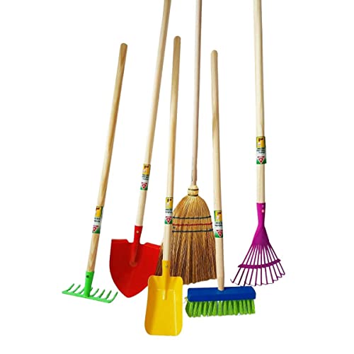 Rekord Kinder Gartengeräte Set 6-teilig Schaufel, Spitzspaten, Rechen, Besen, Laubbesen, Reisstrohbesen - Metall - Holz-Stiel (76cm) Gartenspielzeug, Gartenset, Kinder-Gartenwerkzeug