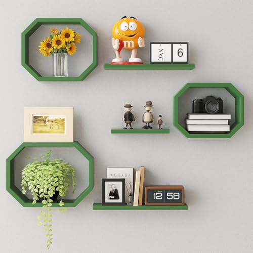 Image of Wall Mounted Floating Shelves Set of 6, Multipurpose Display, Book, Storage & Decor Shelves, Octagon Shape Wooden Wall Shelf for Living Room, Bedroom, Kitchen (Green)