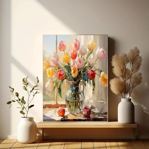 Image of Eiazuiks Stamping Cross Stitch Kit, Tulip Counting Cross Stitch Kit for Adult Beginners, Full Line DIY Stitching Kit for Home Decor Cross Stitch Patterns 12x16 inches