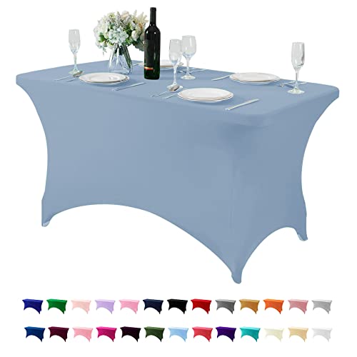 Mantel de elastano para mesa de 4 pies o 6 pies o 8 pies, mantel elástico ajustable universal para fiestas, banquetes, bodas y eventos, azul polvoriento