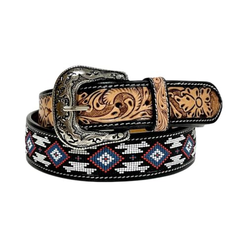 Western Leather Beaded Tooled Belt with Removable Buckle 30IS1022