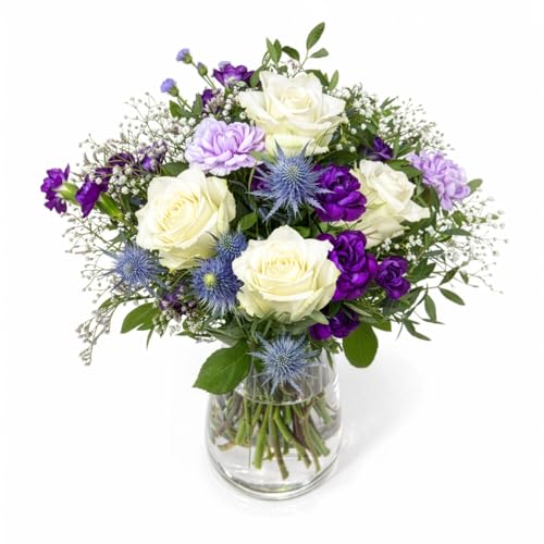 BLOOMY DAYS Blumenstrauß Herzensgruß in Violett mit Disteln Limonium und Nelken 7-Tage-Frischegarantie Floristen-Qualität das perfekte Geschenk bestellen