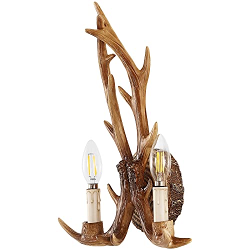 Image of Antler Wall Sconce, 1-Light Vintage Faux Deer Horn Wall Lamp, Retro Brown Hardwired Flush Mount Indoor Light Fixture for Bedroom, Hallway, Living Room, and Fireplace (Bulb Not Included)