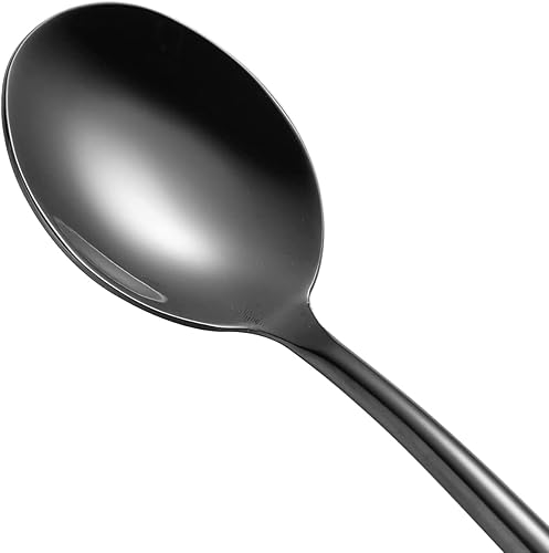 Miniatura 4 de Cuchara de sopa negra de acero, cucharas grandes circulares de mango largo, cuchara de sopa coreana de mango largo, 8 piezas, 8.7 x 1.6 pulgadas.