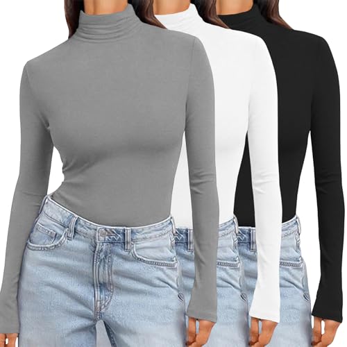 Ekouaer Women's 3 Pack Turtleneck Long Sleeve Shirts Slim Fit Thermal Underwear Tops Lightweight Pullover Tees
