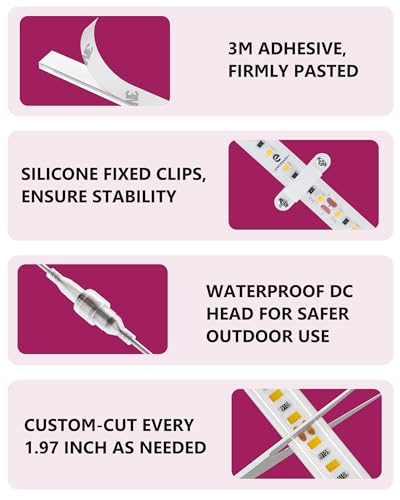 EMITEVER Outdoor LED Strip Lights Waterproof 3000K Warm White, 16.4ft IP67 24V Tape Light UL Listed, 240+LM/ft, High Density 600LEDs, Lighting for Bathroom,Pool,Patio,Garden(Power Supply Not Included)