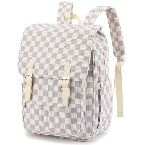 Image of Women Laptop Backpack, Corduroy 15.6 inch Travel Backpack for Work College Business, Teacher Nurse Bag with Large Capacity School Bookbag Bags for Girls - Checkered Purple