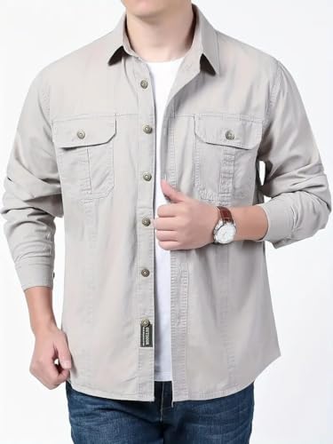 Image of FABRIPPLE Men's Cargo Jacket Shirt | 100% Cotton | 6 Pocket Utility Overshirt | Casual & Outdoor Wear | Breathable & Lightweight Fabric