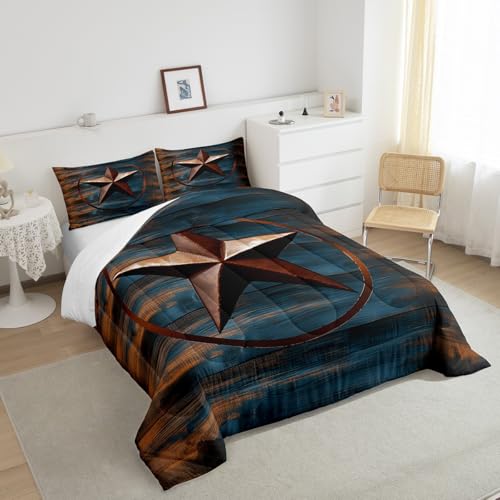 Image of Rustic Texas Star Comforter Western Texas Comforter Set for Boys Girls Navy Blue Wood Boards Bedding Set Country Farmhouse Duvet Set Room Decor Quilt Full Size Boys