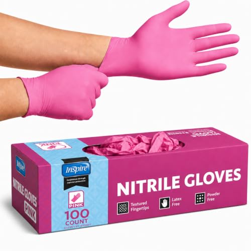 Inspire Pink Gloves Disposable Latex Free | Nitrile Pink Glove Hair and Nail Salon Esthetician Nitrile Disposable Gloves (100 Medium)