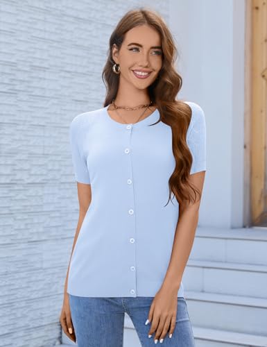 Image of FreshNight Women's 2025 Short Sleeve Cardigan Button Up Hollowed Out Crewneck Shrug Sweaters Knit Sweater Tops Lightweight