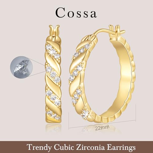 Cossa Gold Hoop Earrings for Women 14K Gold Earrings for Women Trendy Woven Braided Texture and Unique Design Womens Hoop Earring Cubic Zirconia Dainty CZ Earring2