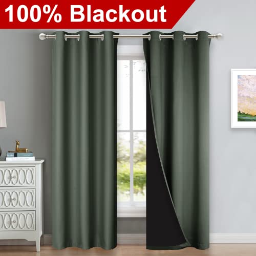 Image of NICETOWN Dark Mallard Blackout Curtains 84 inches Long, Full Light Blocking Drapes with Black Liner for Nursery, Thermal Insulated Draperies for Hall, Villa (2 Pieces, 42 inch Wide Each Panel)