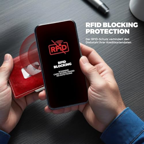 Image of LLH Leather Trifold Wallet - RFID Blocking with Stainless Steel Locking Clip Wallet, Minimalist Front Pocket RFID Blocking Credit Card Holder (Red)