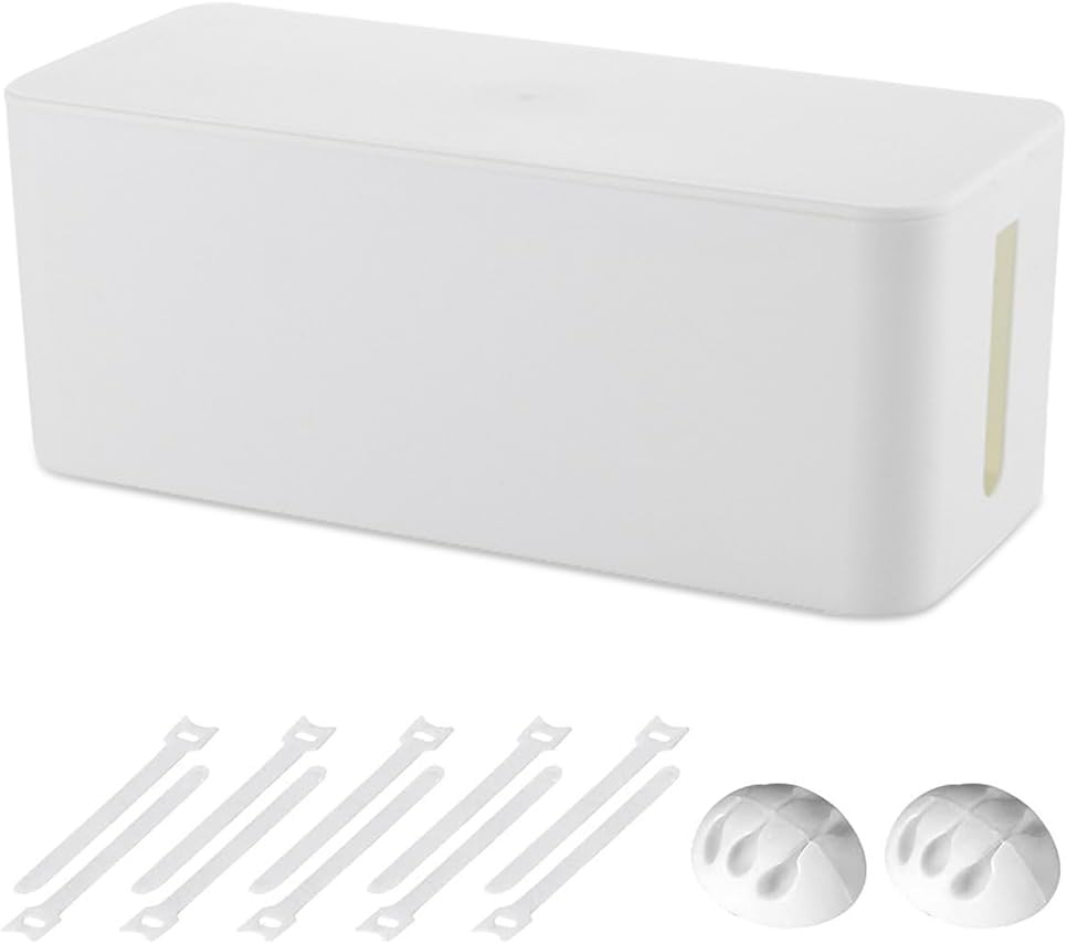 Cable Management Box, Cable Organizer Box for Safe Home and Office Space, Child, Pet Proof Cord Organizer for Desk, with Cable Clips&Reusable Cable Ties, Desk and Floor Tidy Solution (White)