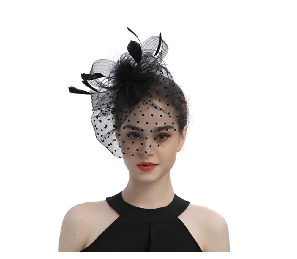 KAIAIWLUOFascinator Hat - Vintage Black Saucer Sinamay Headband for Wedding, Ascot, Tea Party - Hatinator With Birdcage Veil, Feather, Mesh Face