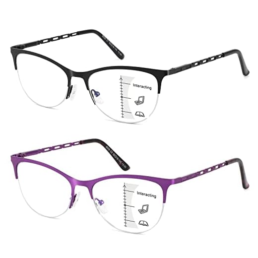 LKEYE Óculos De Leitura Multifocais Femininos, Progressivos, Multifocais, Luz Azul, Para Computador, Formato Olho Gato, Armação Grande Metal, Sem Linhas, Bifocais, Estilosos, Pacote Com 2, Preto, Ro