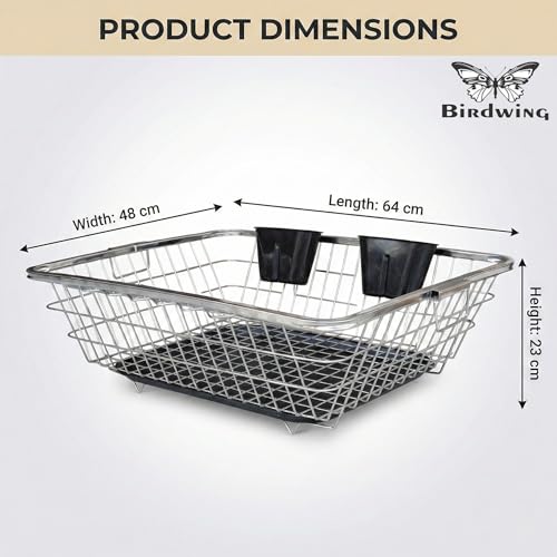 Image of Large Stainless Steel Kitchen Sink Dish Drainer Rack (56x43x23 cm) - Heavy-Duty Drying Basket with Drain Tray & Cutlery Holders - Durable Dish Organizer for Plates, Utensils & Kitchen Tools