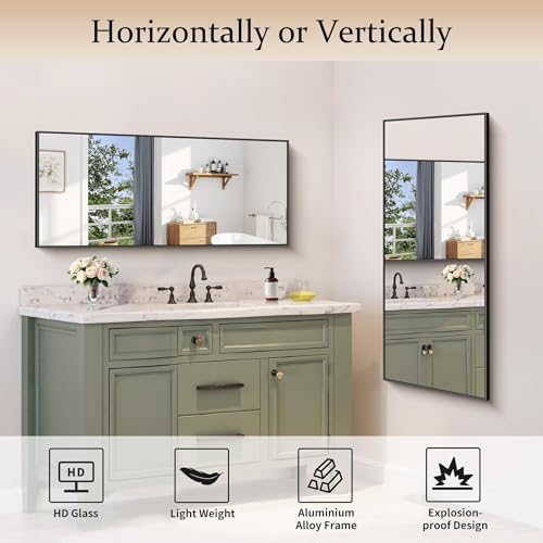 Image of COFENY Black Bathroom Mirror for Wall, 20x48 Inch Rectangle Mirror with Metal Frame, Modern Vanity Mirrors for Bathroom Living Room, Entryway Hangs Horizontal or Vertical