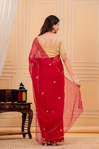 Image of Women's Red Embroidered Saree with Golden Blouse | Traditional Embroidery Work Saree for Women | Wedding Festive Saree and Wear Ethnic Outfit