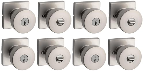 Image of Kwikset Pismo Entry Door Knob with Lock and Key, Secure Keyed Handle Exterior, Front Entrance and Bedroom, Satin Nickel, Pick Resistant SmartKey Rekey Security and Microban (Pack of 4)