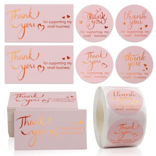 50 pcs 2in X 3.5in Thank You Cards, with 500 pcs 1.5'' Thank You for Supporting My Small Business Stickers, Roll of 500 pcs,Gold Foil Labels & Supplies for Small Business Boutique Bags - (Pink)