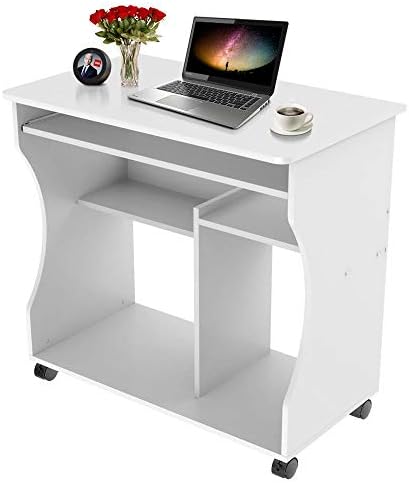 Yaheetech Movable Computer Office Desk Table Workstation Home Office Furniture with Sliding Keyboard 2 Shelves Study Workstation on Wheels White 80.1 x 48.1 x 76.2 cm