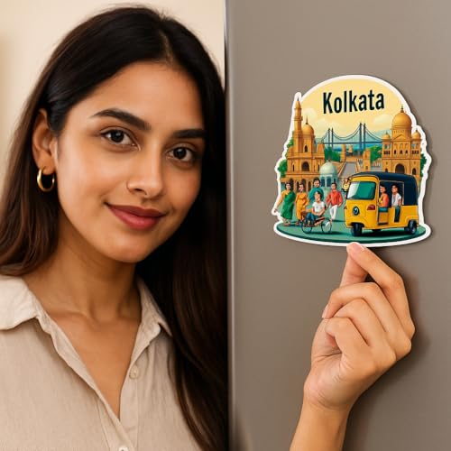 Image of Naxon Kolkata City Theme Souvenir Wooden Fridge Magnet for Refrigerator - Printed Fridge Magnet for Kitchen & Home Decor | Perfect Souvenir Gift | Size 3x3 in | Pack of 1