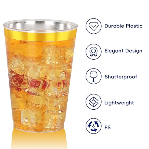 Image of 100 Pcs Gold Plastic Cups,12oz Gold Rimmed Plastic Cups,Heavy Duty Disposable Plastiic Wine Glasses Cocktail Glasses Premium Cup with Gold Rim for Party,Wedding,Christmas