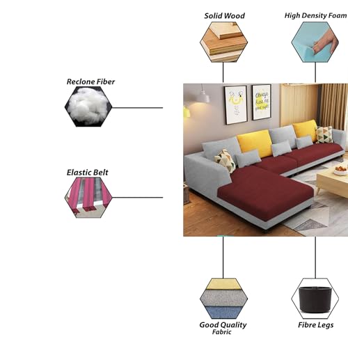 Image of Galib LHS 6 Seater L Shape Sofa Set for Living Room (Maroon Grey Fabric) Premium Fabric Sofa
