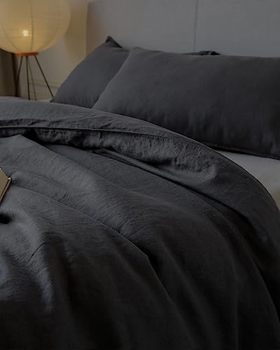 Image of XZ XIFA 100% Washed French Flax Linen Duvet Cover Set - 3 Pieces, Cooling & Textured Farmhouse Bedding for Hot Sleepers, with Zipper Closure (Dark Gray, King)