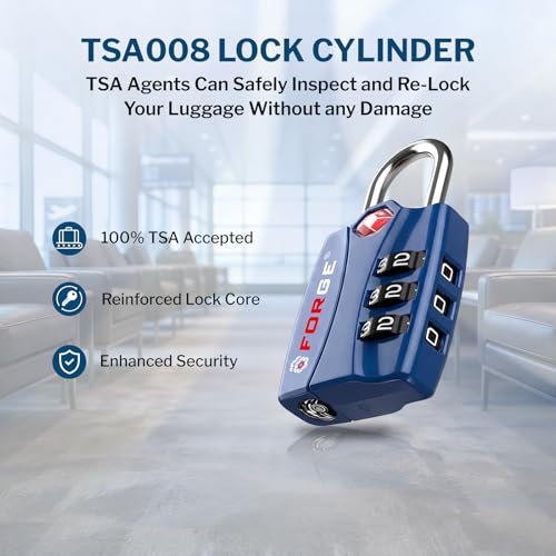 Image of Forge Open Alert TSA Approved Luggage Locks - 3 Digit Combination, Easy Read Dials, Zinc Alloy Body (Blue 4Pk)