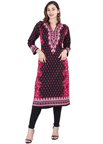 Image of Rosary Women's Winter Wear Jacquard Woolen Straight Kurti with 2 Side Pockets,RZ3204HOTPINK-M