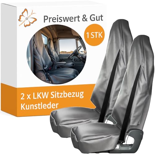 Preiswert & Gut 2X Sitzbezug LKW aus Kunstleder als Werkstattschoner Set für Fahrersitze wasserabweisend mit Kopfstützenabdeckung und Gurtschlitz für Transporter und Wohnmobil