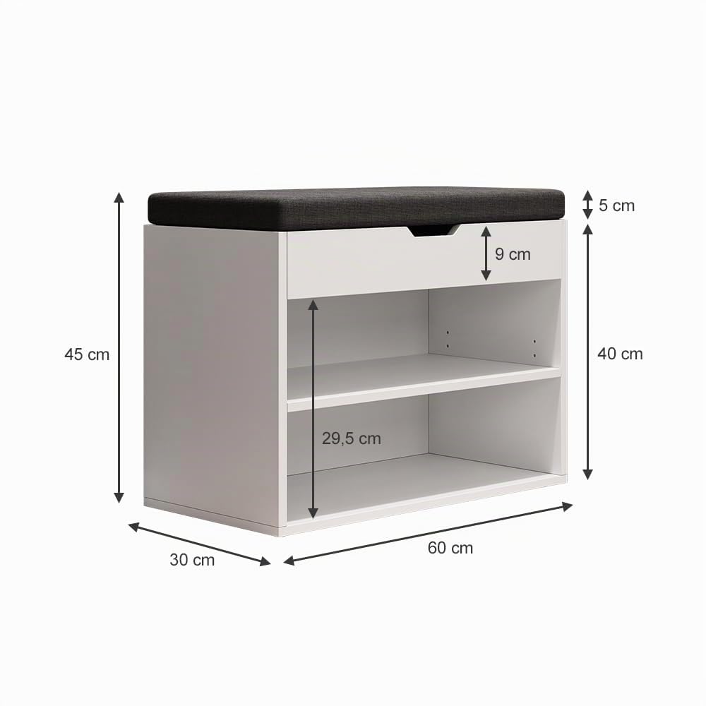 Vicco Panca scarpiera da ingresso Titus, Bianco, 60 x 45 cm con ripiano, adatto per la conservazione e combinabile come seduta