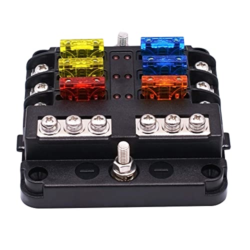 UMISKY UMISKY 6-Way Fuse Box Blade Fuse Blocks with LED Warning Indicator Damp-Proof Cover for 12V/24V Automotive Car Truck Boat Marine Bus RV Van, 6 Circuit Independent Positive Negative
