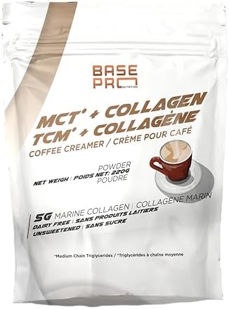 MCT Collagen Creamer | Base Pro Nutrition | 5g Marine Collagen & 5g MCT Oil Powder | Coffee Creamer | 10g serving size | Unsweetened | 220g (Packaging may vary)