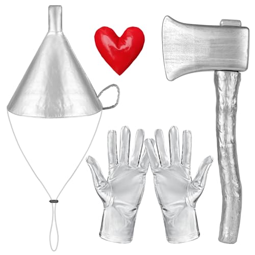4 PCS Silver Funnel Hat Axe Set with Heart Brooch Silvery Gloves for Adult/Kids Halloween Tin Costume Accessories for Men Women Cosplay Party