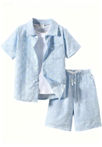 Ayzozuy Boys Summer 2-Piece Outfit Size 6-13 Short-Sleeve Textured Button-Down Shirt & Solid Elastic-Waist Shorts Set size 10 11