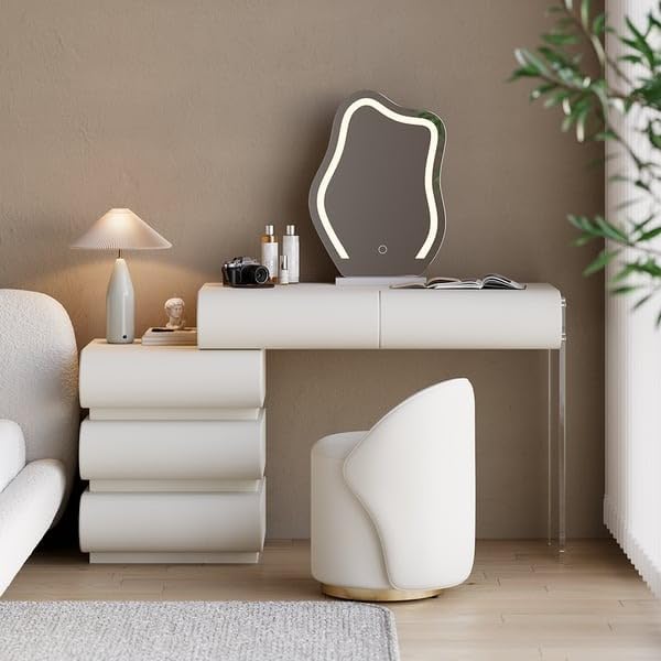 NG Decor Humply Modern White Makeup Vanity Set PU Dressing Table with Stool & LED Mirror-picture-20