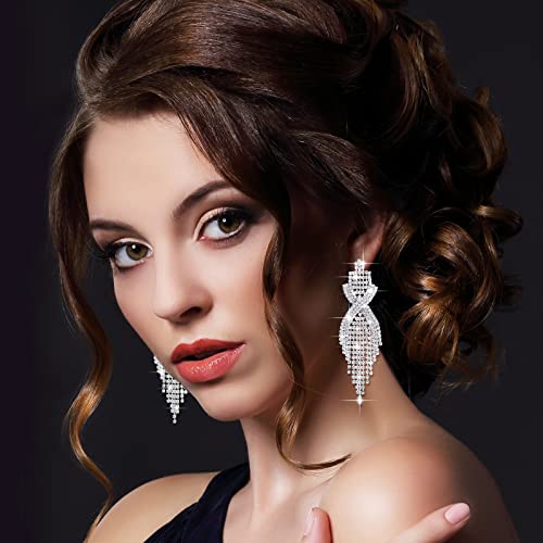 Sureio 6 Pairs Long Rhinestone Earrings for Women Silver Chandelier Dangle Tassels Drop Earring for Brides Bridesmaids Wedding Bridal Prom Jewelry Gift4