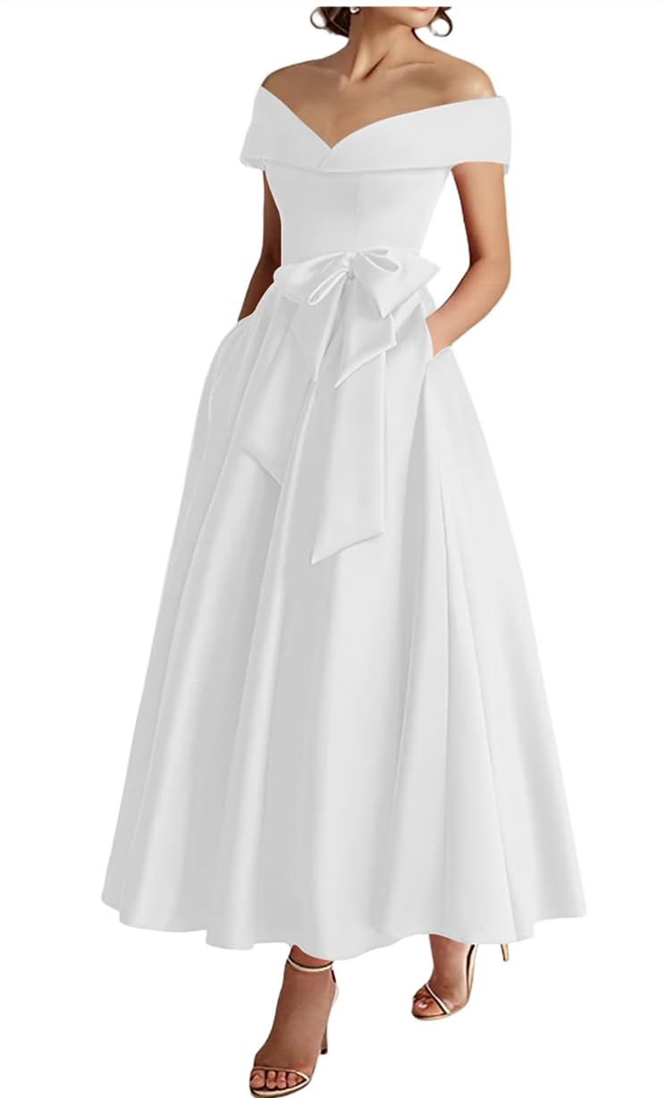 WSEYU Off Shoulder Mother of The Bride Groom Dresses Satin Bow Formal Evening Grandmother Gowns Tea Length ZM289 White UK10