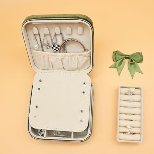 Cuifdem Jewelry Travel Case, Small Jewelry Box With Mirror, Velvet Travel Jewelry Boxes for Women, Necklace Ring Earring Organizer Box for Travel Vacation(Olive Green) - image 6