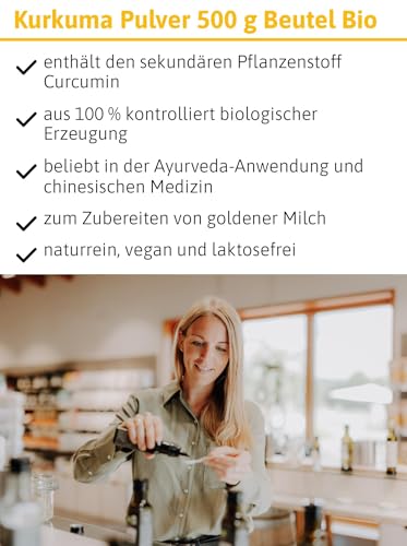 ÖLMÜHLE SOLLING - BIO Kurkuma Pulver | Fein vermahlenes Pulver aus Kurkumawurzeln. Kurkumapulver aus 100% kontrolliert biologischer Erzeugung. Ideal für exotische Gerichte | Inhalt: 500 g