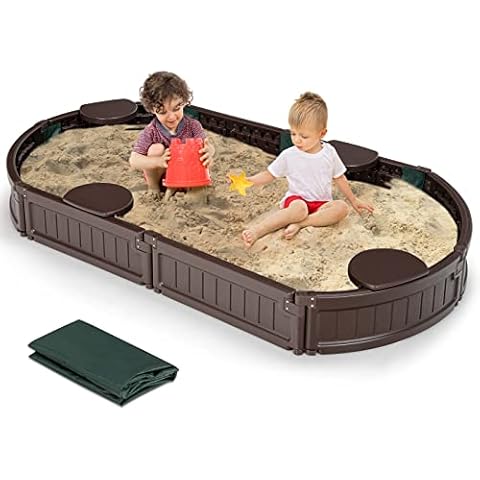 COSTWAY Sandbox Sandkasten mit wasserdichter Abdeckung und Bodenauskleidung, Outdoor Sandkiste Platz für 4 Kinder 183x105x21cm Cover