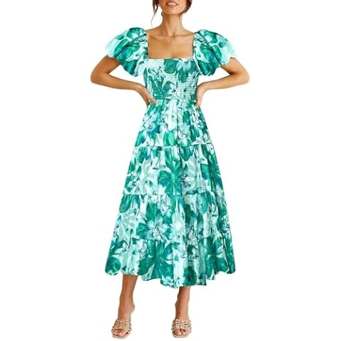 Bichingda Women's Smocked Maxi Dress Square Neck Ruffle Hem Puffy Short Sleeve Midi Dress Green Floral Cover